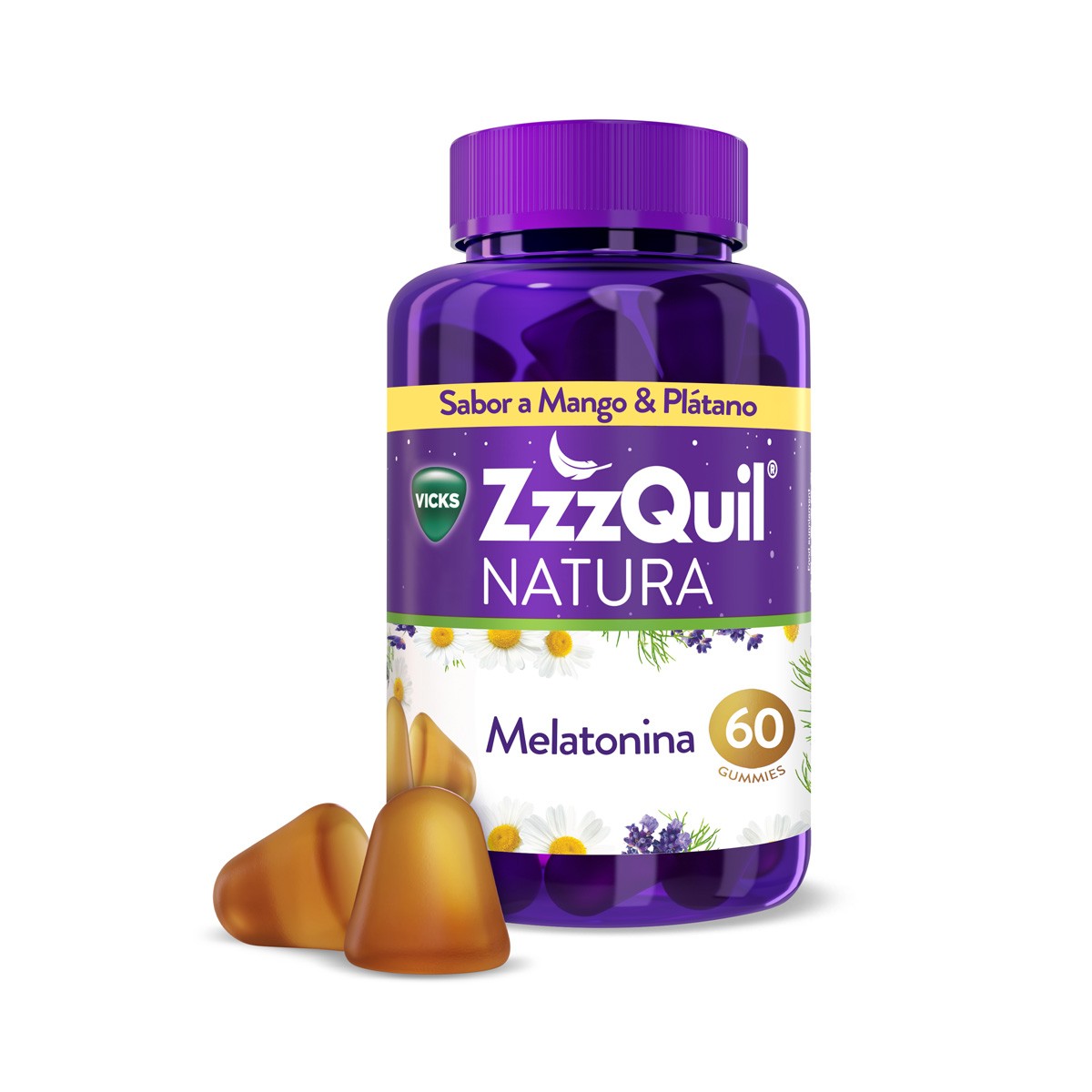 Imagen de ZzzQuil NATURA gummies Plátano y Mango de Melatonina 1mg y Valeriana 
60u.